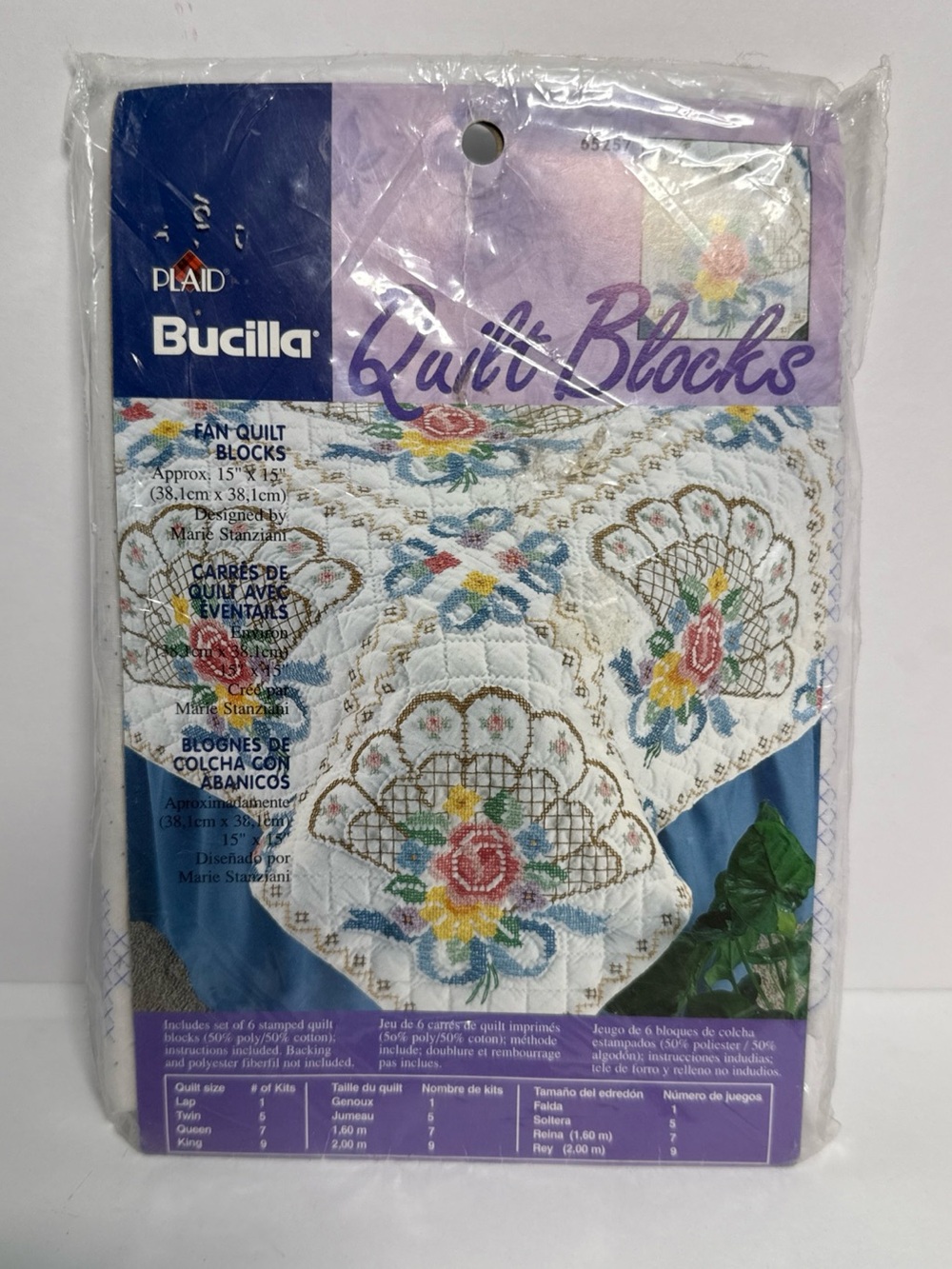 Bucilla White Fan Quilt Blocks Kit with Floral Embroidery makes lap size NWT